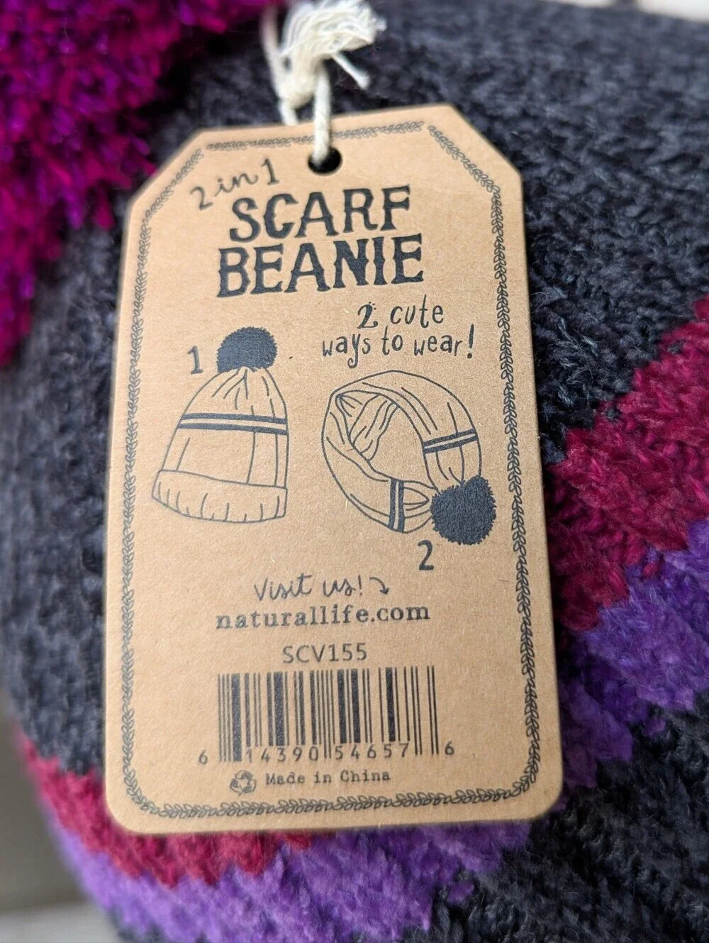 NWT Natural Life 2-in-1 Scarf Beanie Charcoal Gray Magenta Violet Chenille Knit